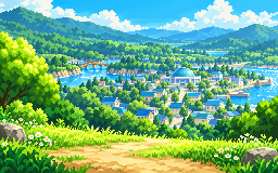 Cerulean City and its river, seen from a sunny hillside in Kanto